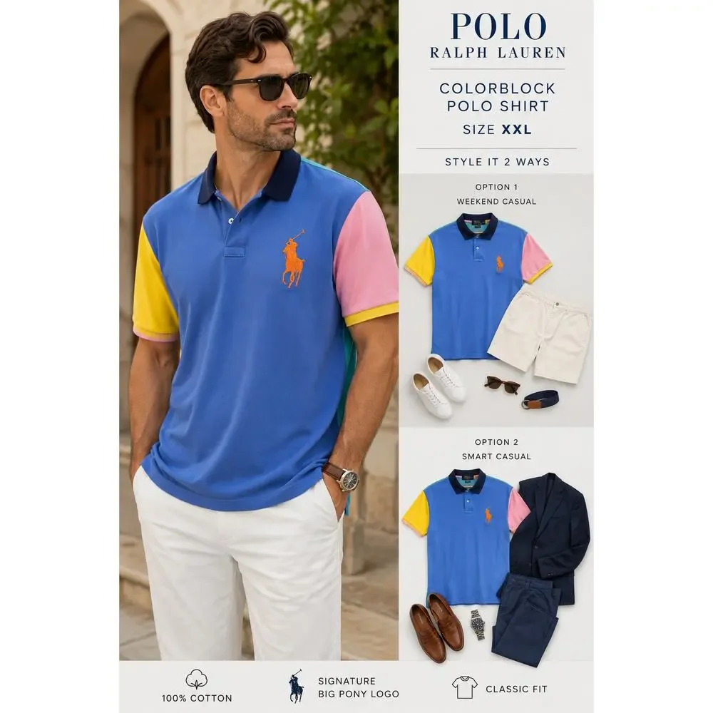 Polo Ralph Lauren Polo Shirt XXL Blue Colorblock Big Pony Logo Cotton Classic